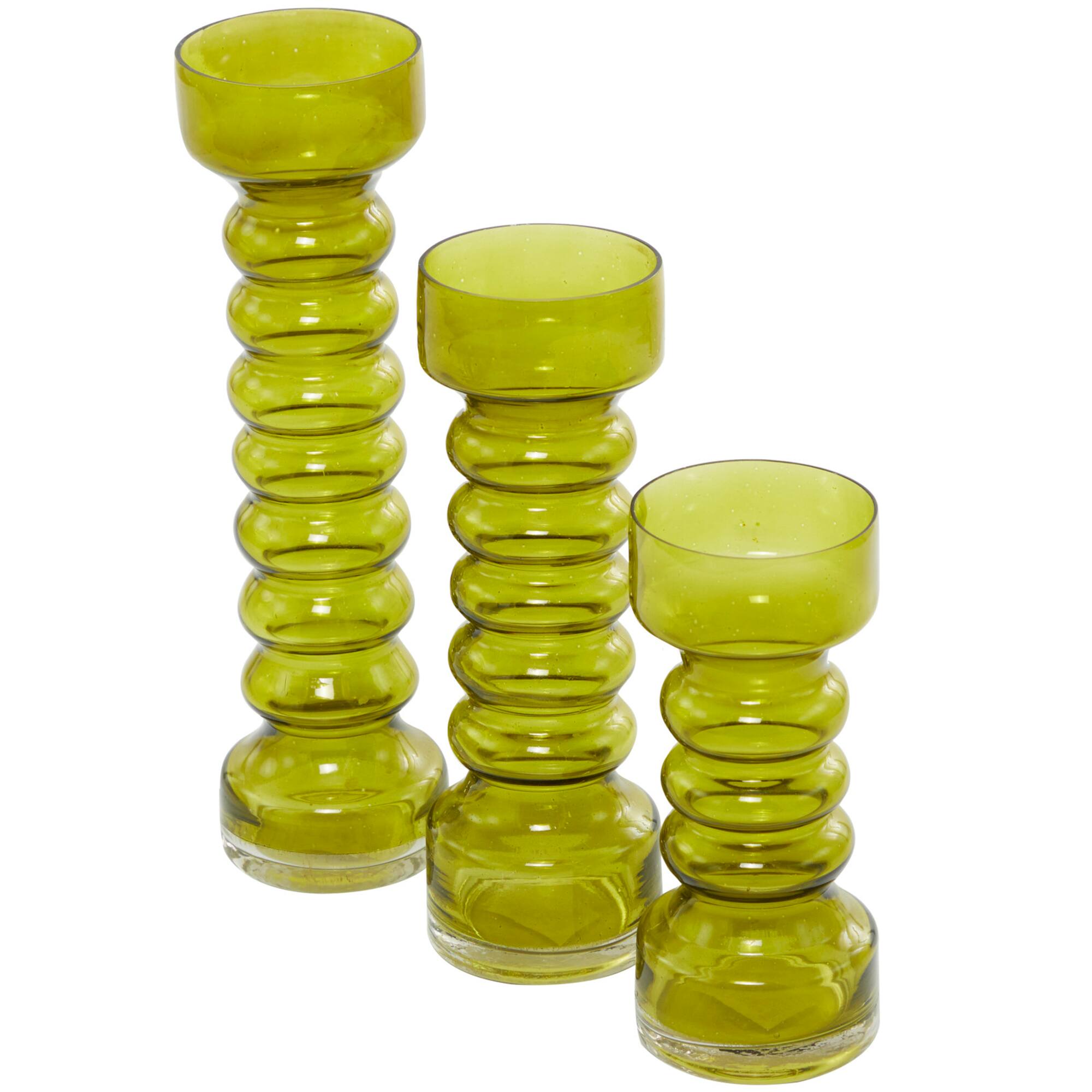 Green Glass Bubble Pillar Candle Holder Set